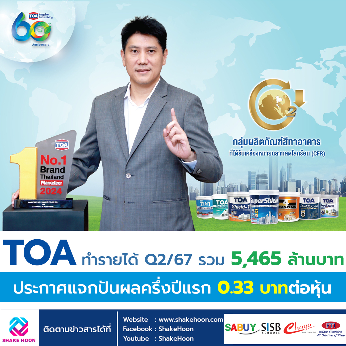 TOA ทำรายได้ Q2/67 รวม 5,465 ล้านบาท ประกาศแจกปันผลครึ่งปีแรก 0.33 บาทต่อหุ้น